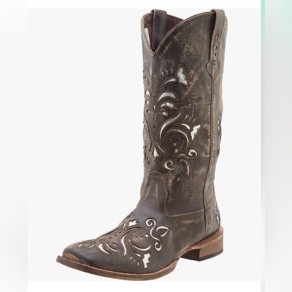 Roper Distressed Brown Leather Western Heeled Boot with White Insets